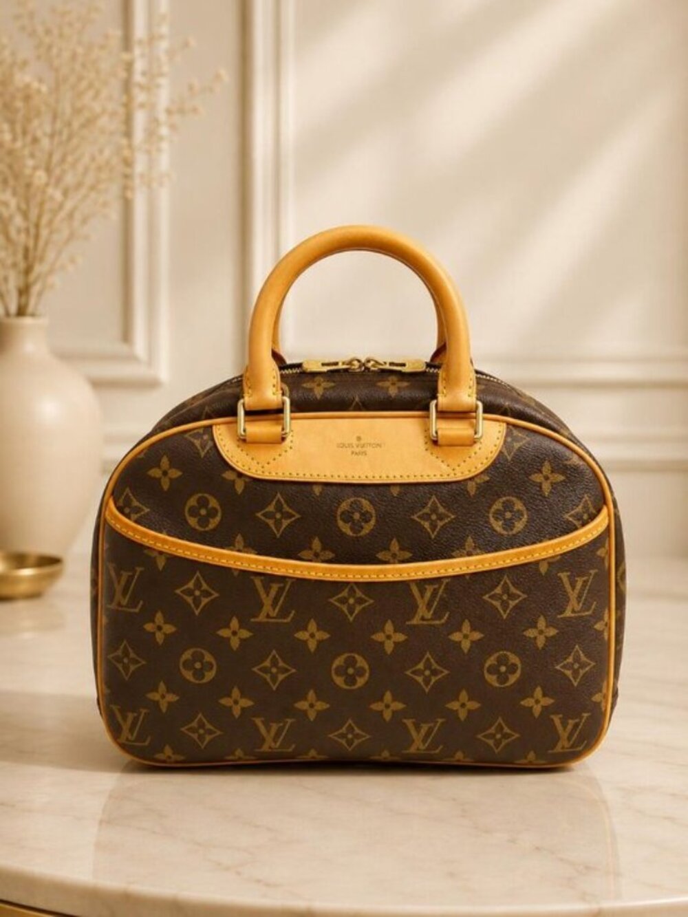 Authentic Louis Vuitton Trouville Monogram Canvas Handbag Brown LV Satchel Bag